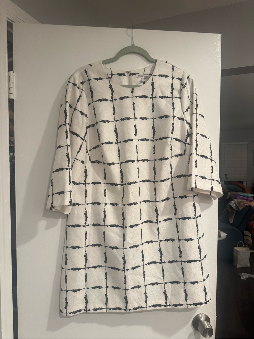 BCBGeneration Cream Shift Dress with Black Grid